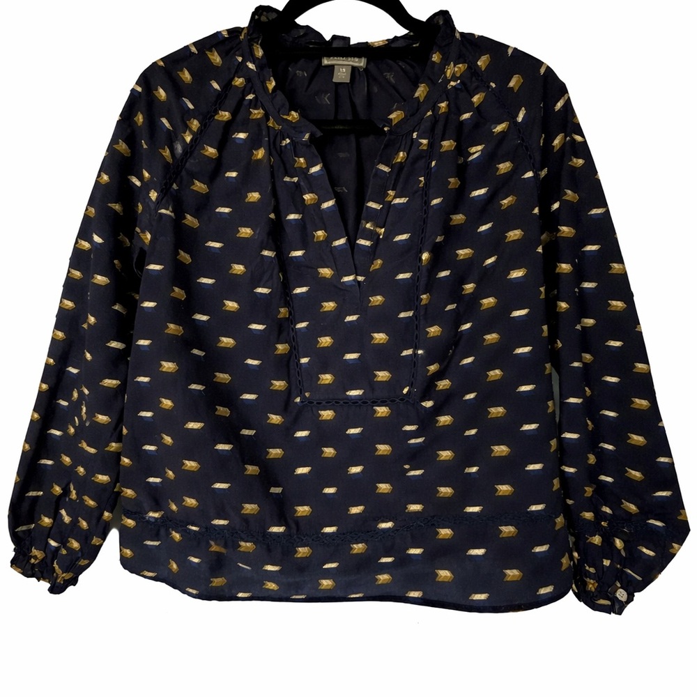 J.Crew Point Sur Navy Ruffle Metallic Arrow Top Women’s XS • Cute Dressy Casual